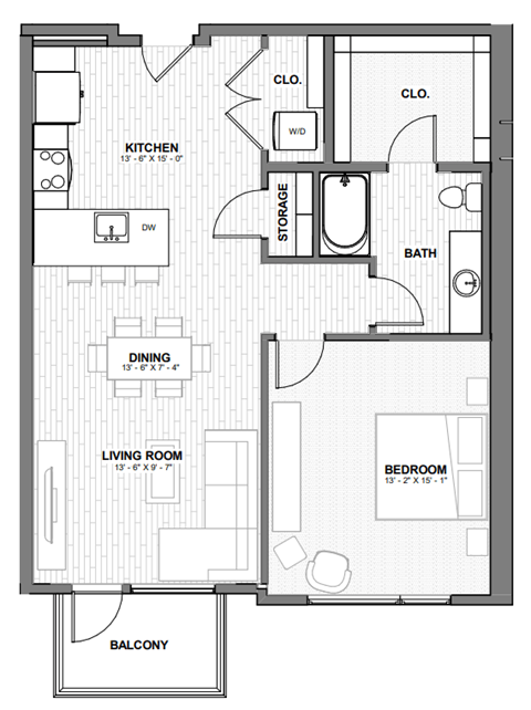 Floor plan for 1 bed, 1 bath, 856 sqft